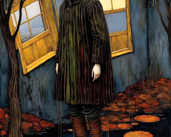 Surreal Scene with Orange Hair and Reflective Puddle