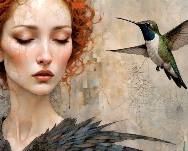 Woman with Red Hair and Black Feather Adornments