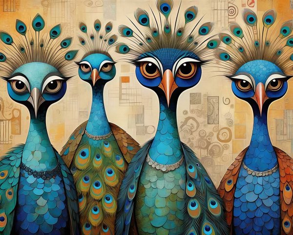 Art Nouveau Illustration of Four Stylized Peacocks