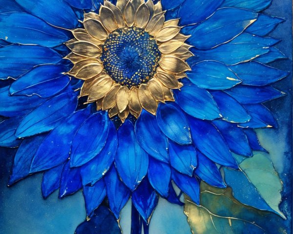 Vibrant Blue Sunflower with Golden Center and Green Leaves