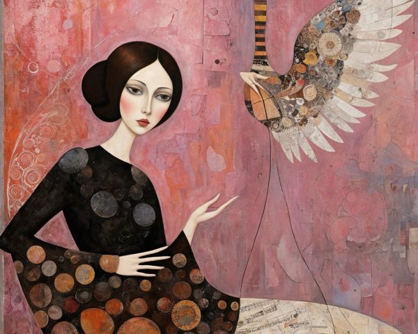 Two Figures in Surreal Artwork with Pink Backdrop