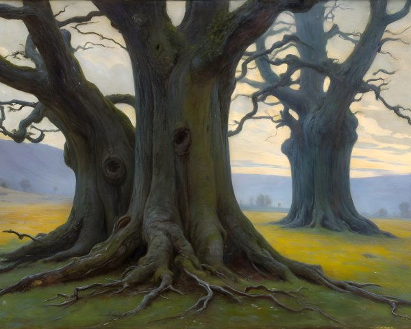Serene landscape with gnarled trees at twilight