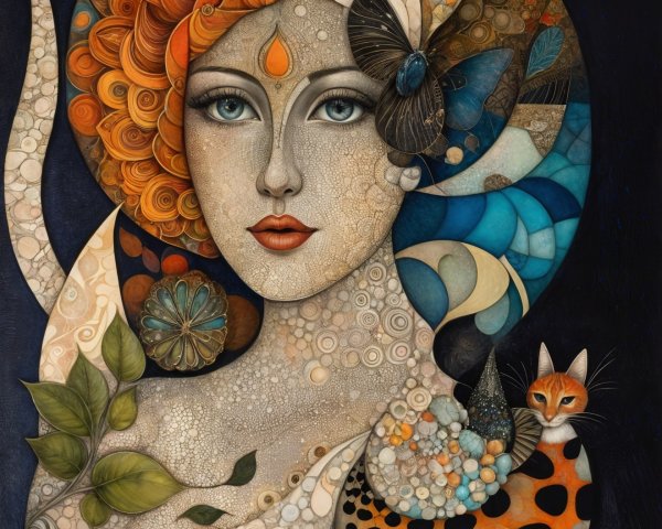 Mystical Woman with Orange Hair and Butterflies