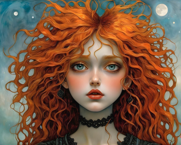 Portrait of a Young Woman with Red Hair and Twilight Sky