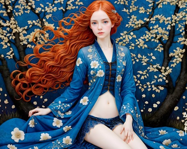 Young woman in blue robe against floral backdrop