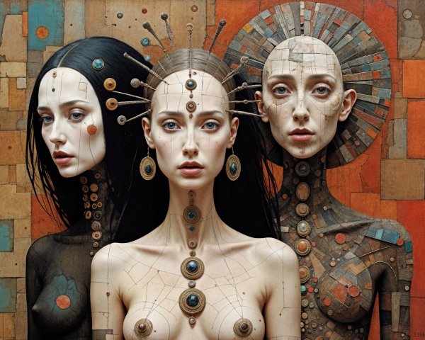 Stylized female figures with unique hairstyles and jewelry