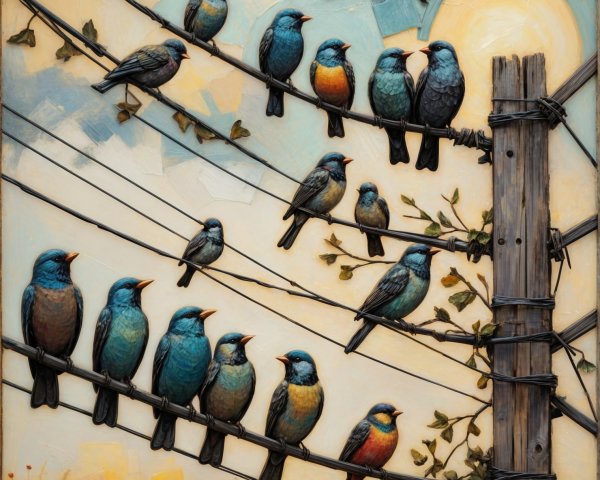 Colorful Birds on Wires Against Urban Background