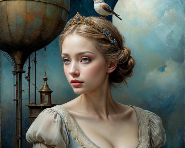 Young Woman in Vintage Gown with Whimsical Balloons