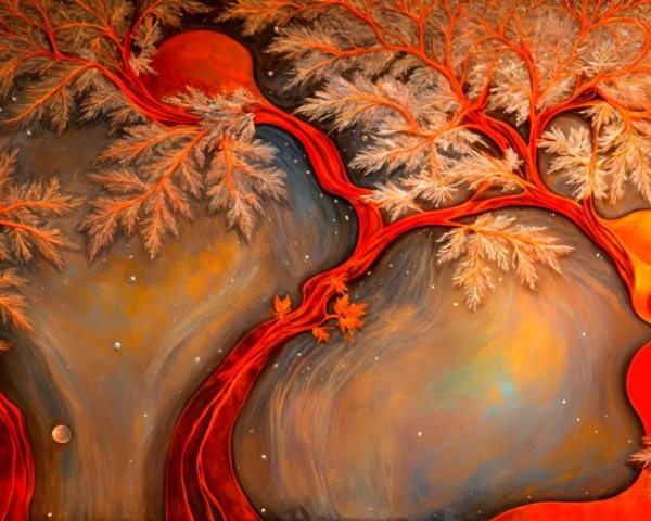 Abstract painting of intertwining trees and cosmos