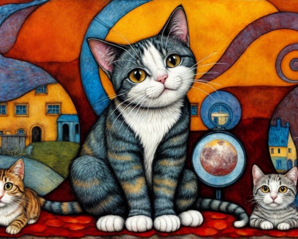 Whimsical Artwork of Tabby Cat Surrounded by Playful Cats