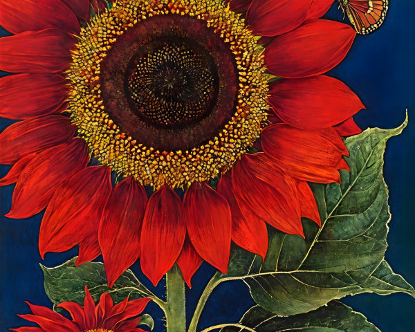 Vibrant Red Sunflowers with Butterfly on Blue Background