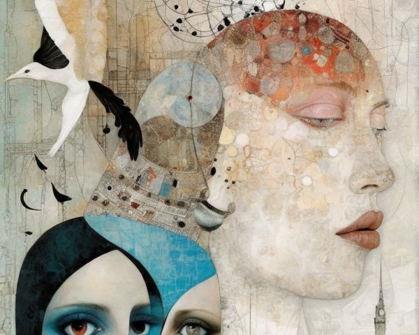 Surreal Artwork with Ethereal Female Faces and Symbols