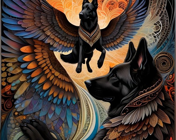 Stylized Black Dog with Patterns in Colorful Background