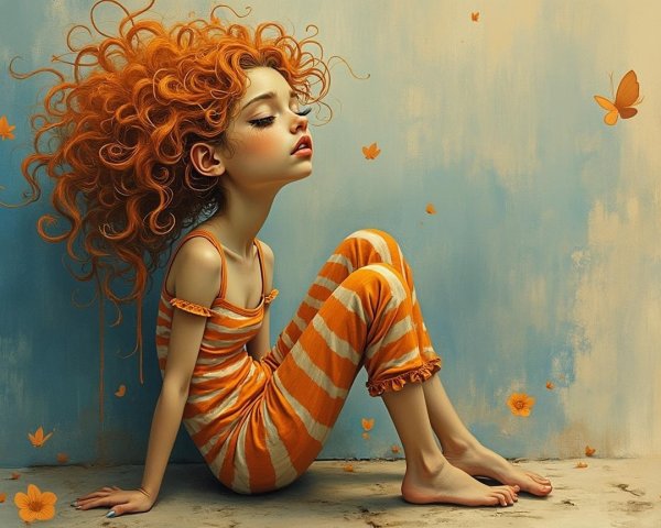 Young girl with orange hair in whimsical setting