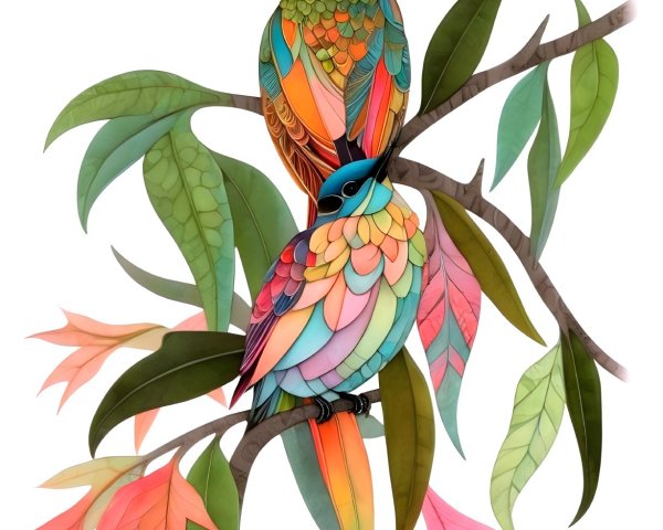 Colorful Birds on a Leafy Branch with Vibrant Patterns