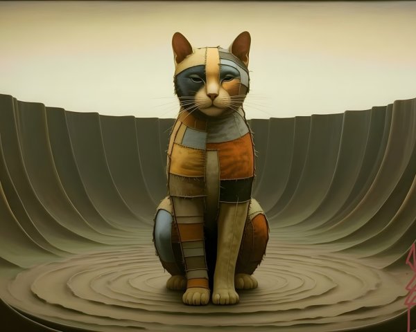 Colorful Patchwork Cat in Textured Surreal Background