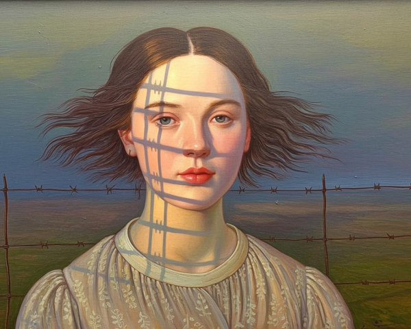 Close-Up of Woman Behind Barbed Wire Fence in Sunlight