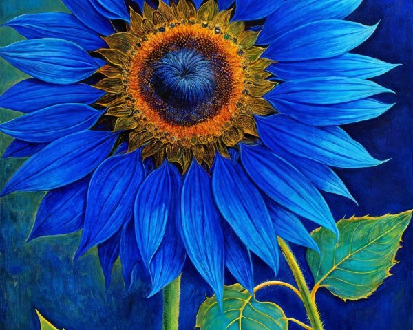 Surreal Sunflower with Blue Petals and Green Leaves