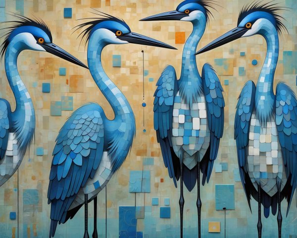 Four Blue Herons Against Abstract Mosaic Background