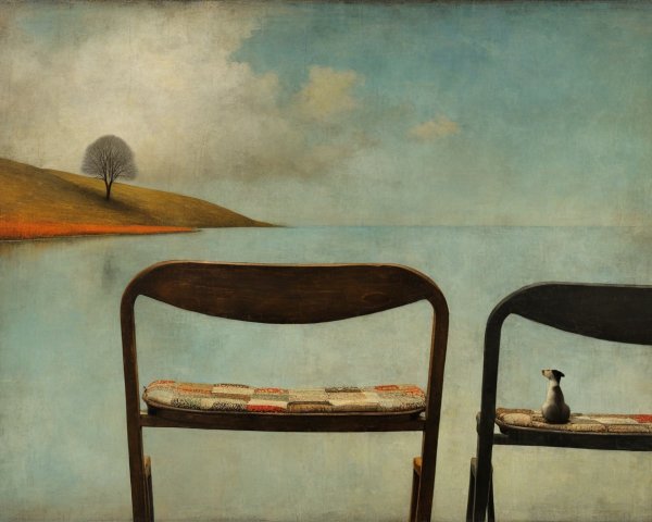 Wooden chairs by calm water with grassy hillside view