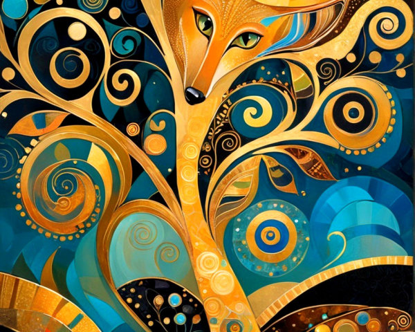 Stylized fox behind swirling tree with rich colors