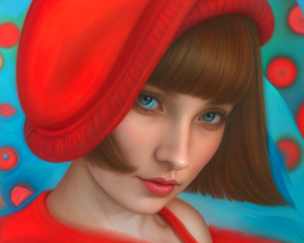Young woman in red hat and outfit with abstract background