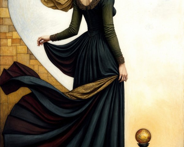 Elegant Woman in Dark Gown with Abstract Background