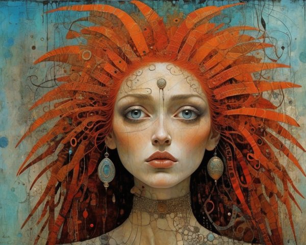 Vibrant Female Figure with Orange Spiky Hair and Patterns