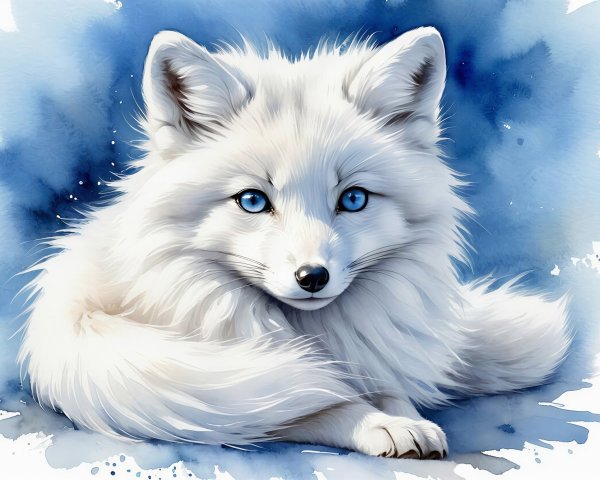 Watercolor Painting of an Arctic Fox with Blue Eyes
