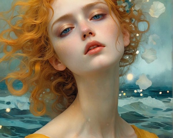 Digital painting of a ginger-haired maiden by the ocean