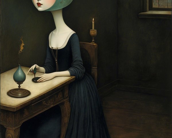 Surreal Painting of a Woman with Turquoise Head