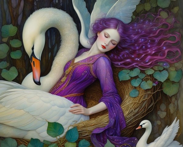 Mystical Woman and Swans in Enchanting Nature Scene