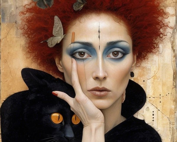 Striking Woman with Red Hair and Black Cat