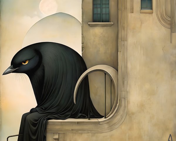 Surreal Scene with Black Bird and Architectural Elements
