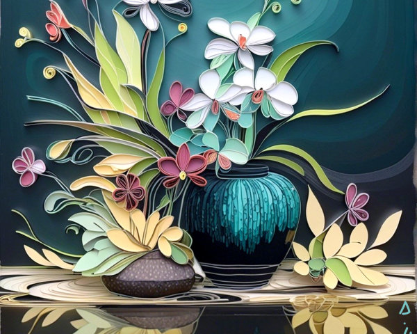 Vibrant Paper Quilling Artwork of Vases and Flowers