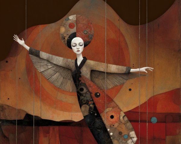 Graceful Figure in Flowing Robe with Circular Patterns