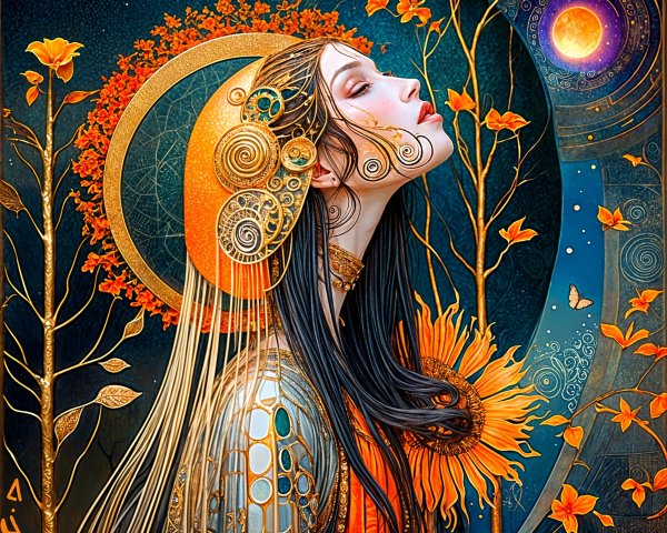 Ethereal Woman Surrounded by Autumn Leaves and Sunflowers