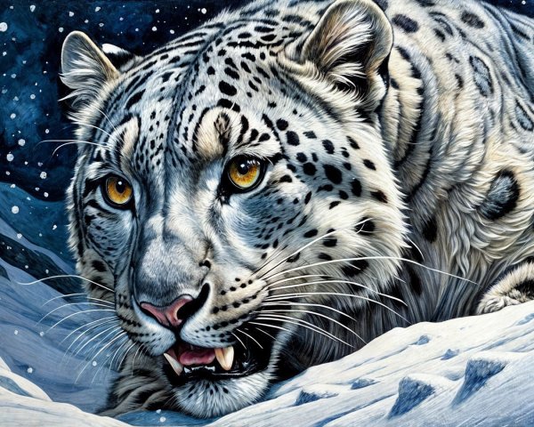 Close-Up of a Snow Leopard in a Snowy Landscape