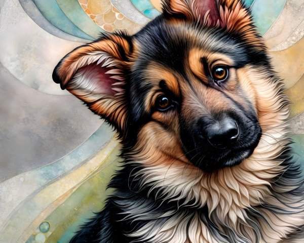 Fluffy German Shepherd Puppy with Colorful Background