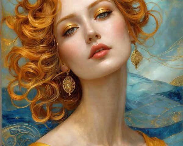 Mythical Woman Portrait with Orange-Red Hair and Gold Gown