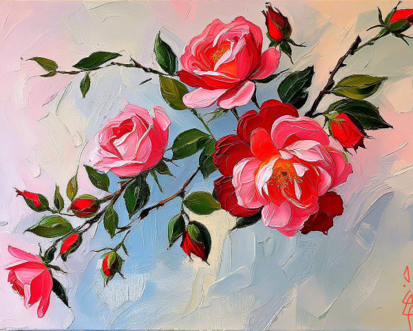 Vibrant Painting of Blooming Pink Roses and Green Leaves