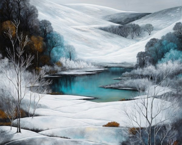Serene Winter Landscape with Snow-Covered Hills