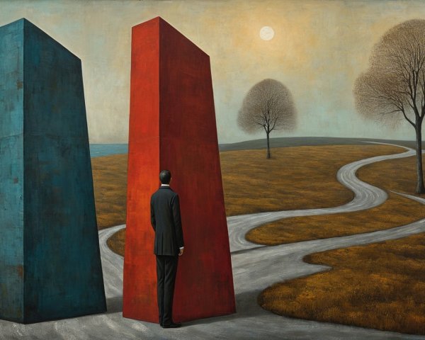 Surreal Scene with Cuboids and Moonlit Landscape