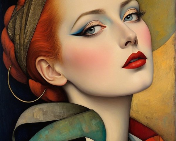 Stylized portrait of a woman with red hair and makeup