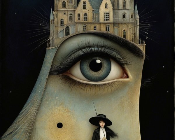 Surreal Illustration of Eye and Castle on Female Figure
