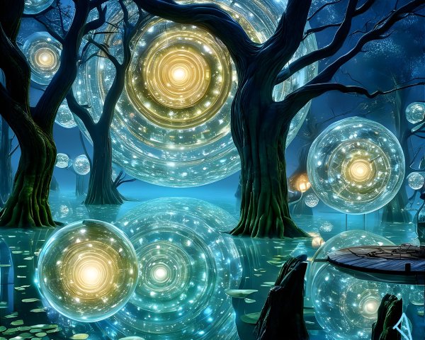 Giant Luminescent Orbs in a Mystical Forest Scene