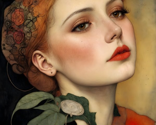 Young Woman with Red Hair and Floral Elements