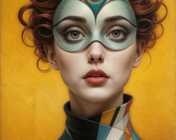 Woman in Artistic Mask Against Vibrant Yellow Background