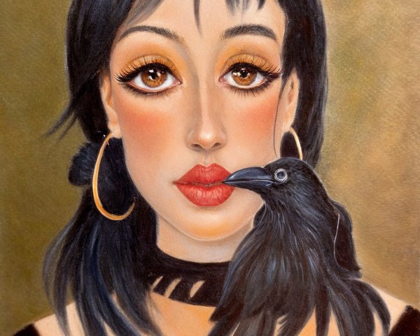 Portrait of a Woman with Raven and Bold Makeup