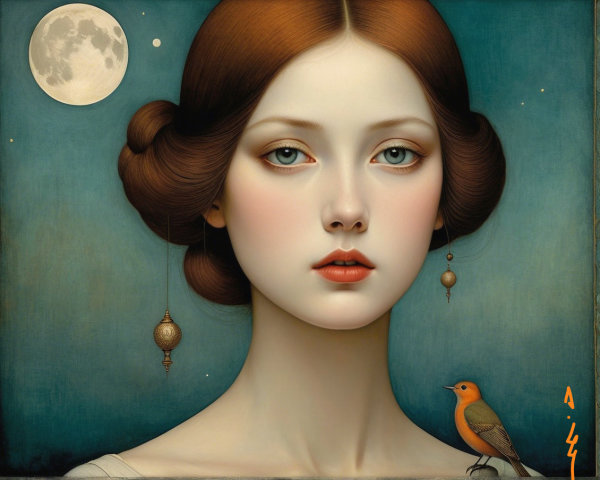 Portrait of a Young Woman with a Golden Bird and Moon